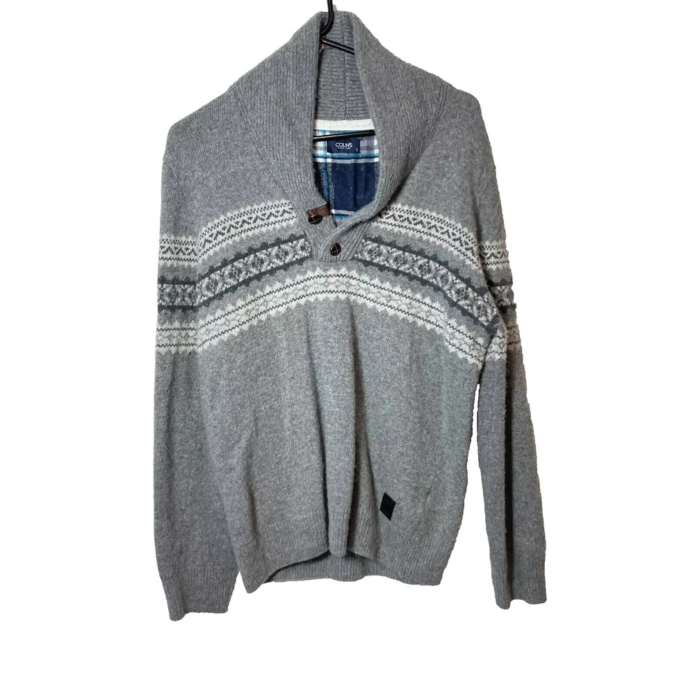Colin's Wool Blend Half Button Up Sweater Mens L Gray Fair Isle Pullover Knitted